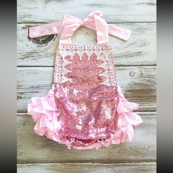 Pink Sequin and Lace Ruffle Halter Romper 6-12 Months - Picture 1 of 2